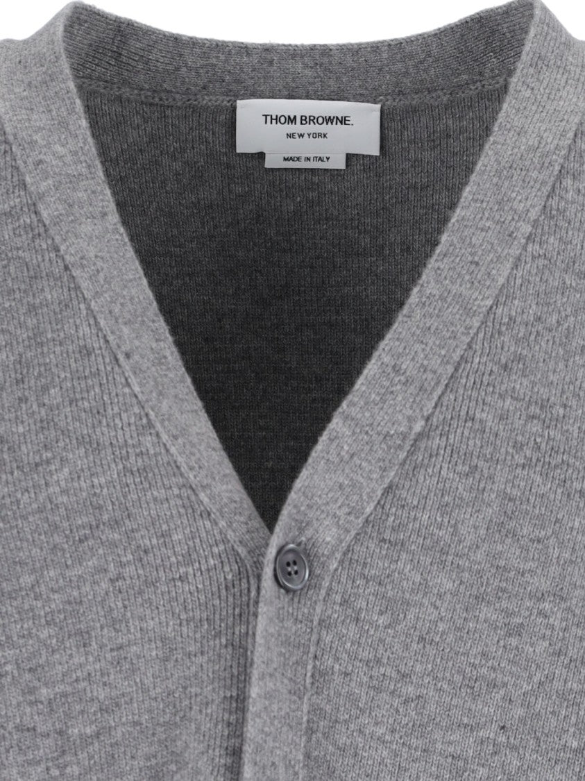 Thom Browne Grey Cardigan With V-Neckline And Signature Stripes