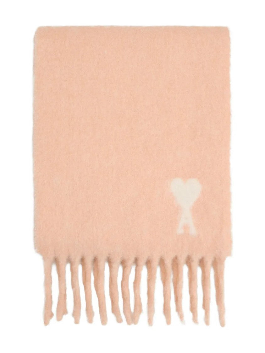 Ami Fringed Rectangular Scarf In Soft Powder Pink With Jacquard Detail