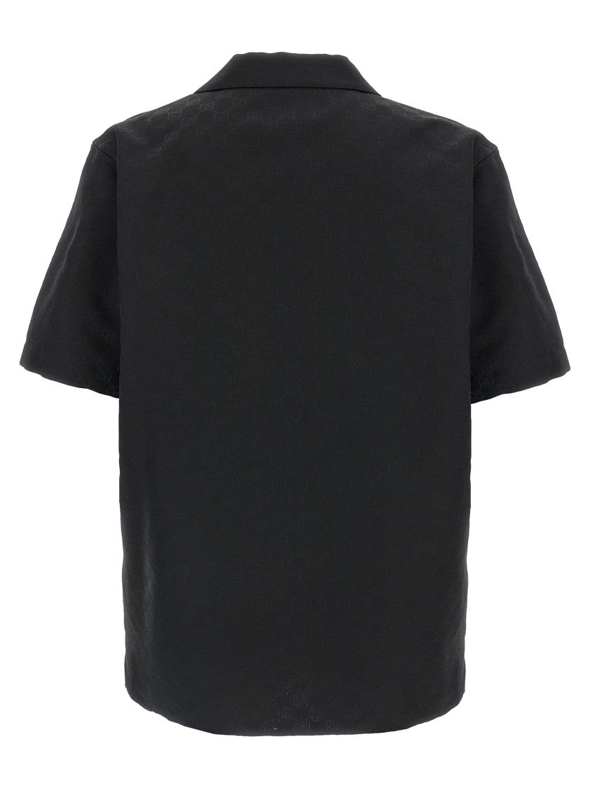 Gucci Black Gg Jacquard Short-Sleeved Shirt With V-Neck