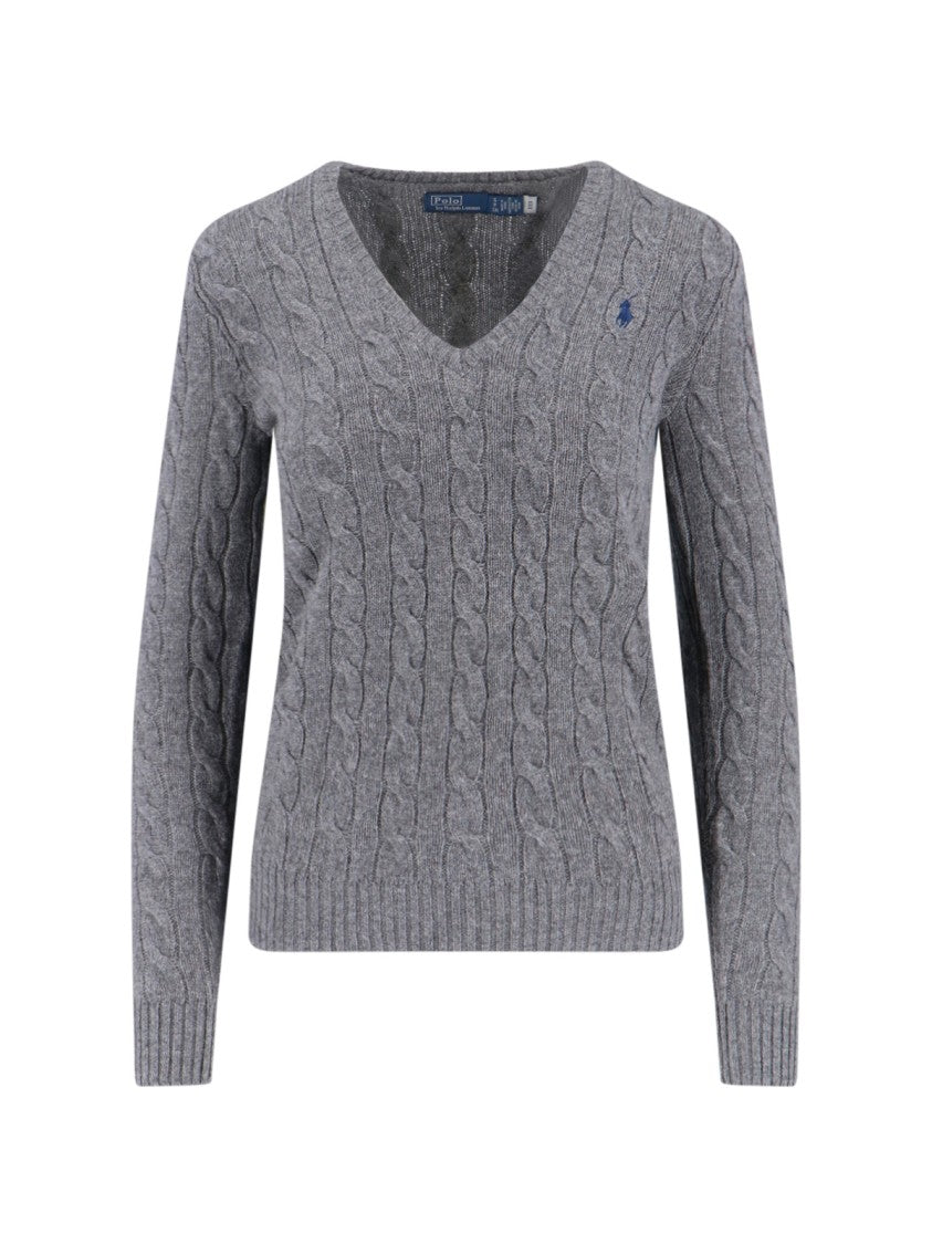 Polo Ralph Lauren Grey Cable-Knit Sweater With V-Neckline