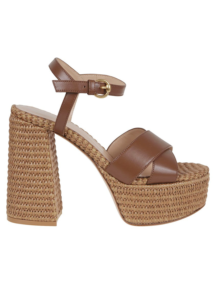 Gianvito Rossi Crossed Raffia Platform Sandals With Ankle Strap