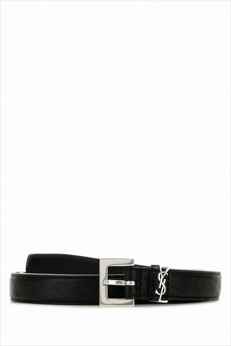 Saint Laurent Narrow Lambskin Belt With Polished Brass Buckle