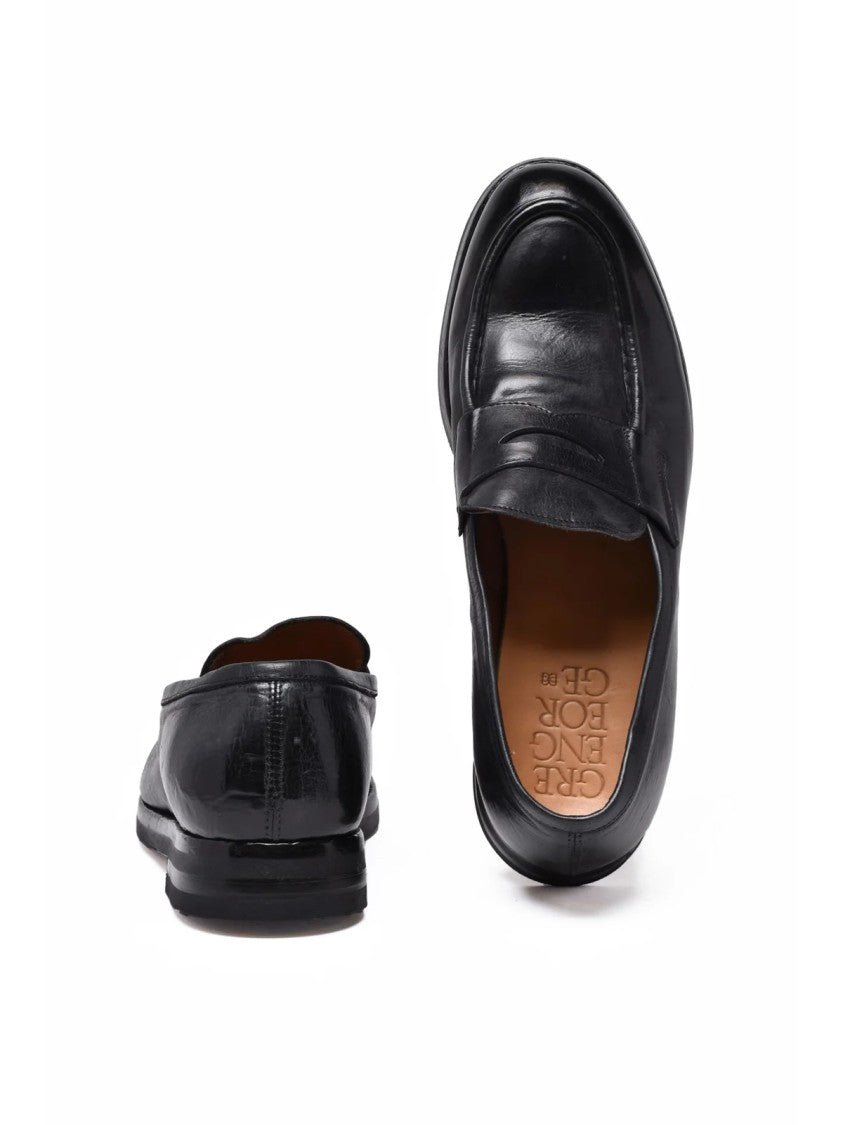 Green George Black Leather Penny Loafers