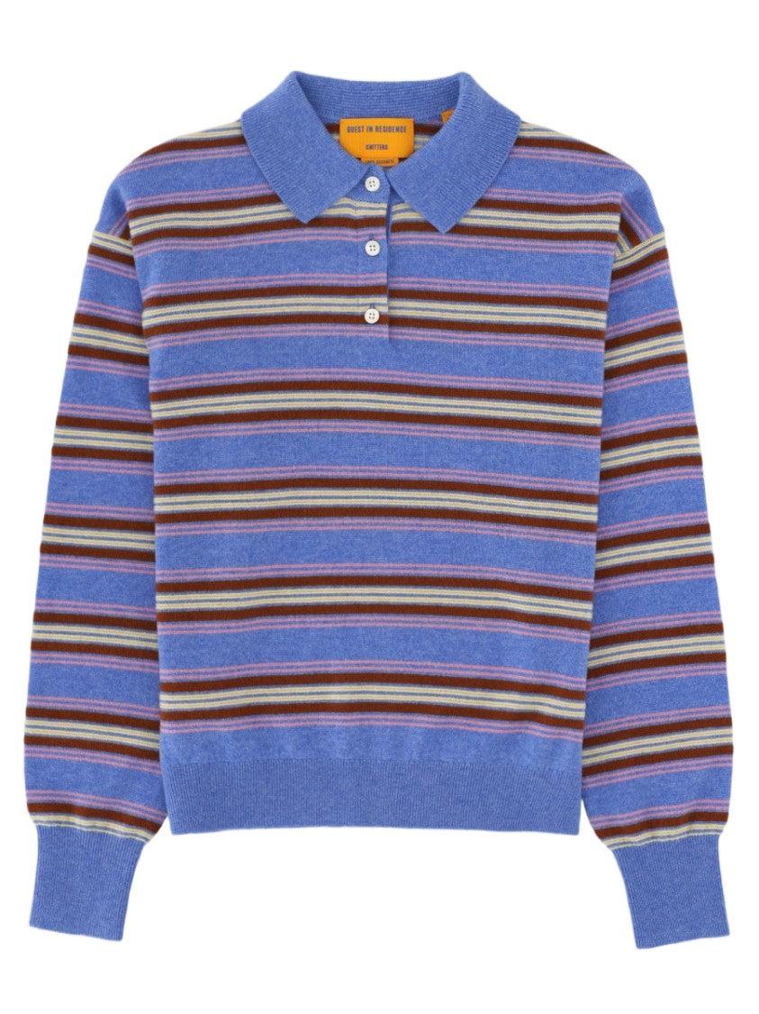 Guest In Residence Horizontal Stripe Cashmere Polo Sweater With Ribbed Details
