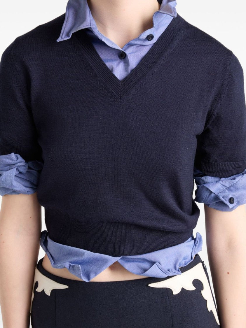 Prada Navy Blue Wool Top With V-Neck