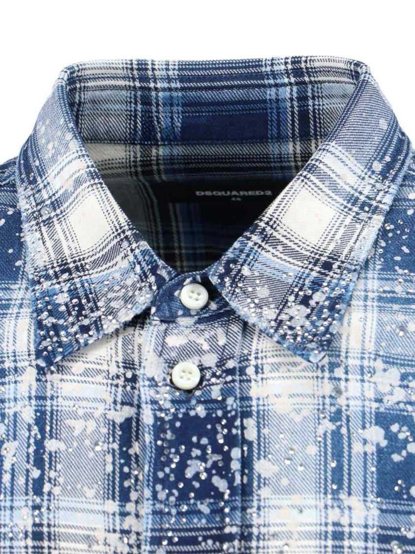 Dsquared2 Vintage Blue Plaid Shirt With Crystal Accents And Classic Collar