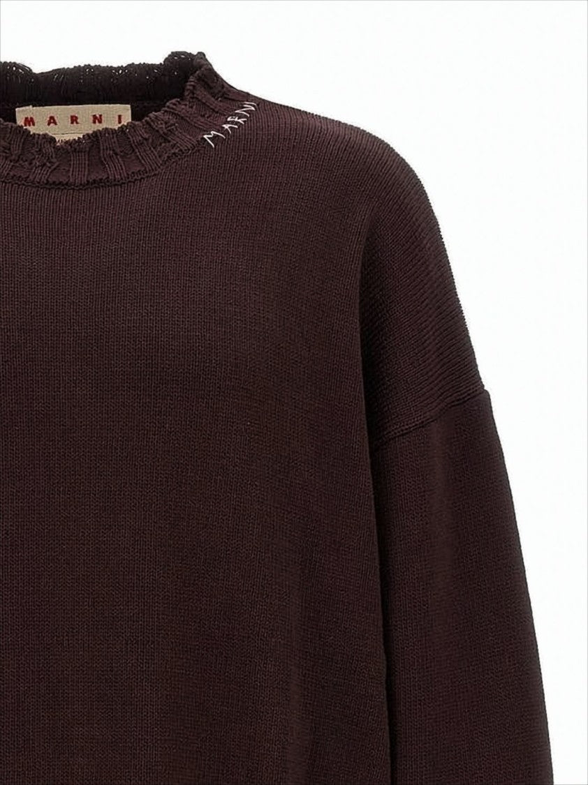 Marni Distressed Cotton Knit Sweater With Embroidered Logo
