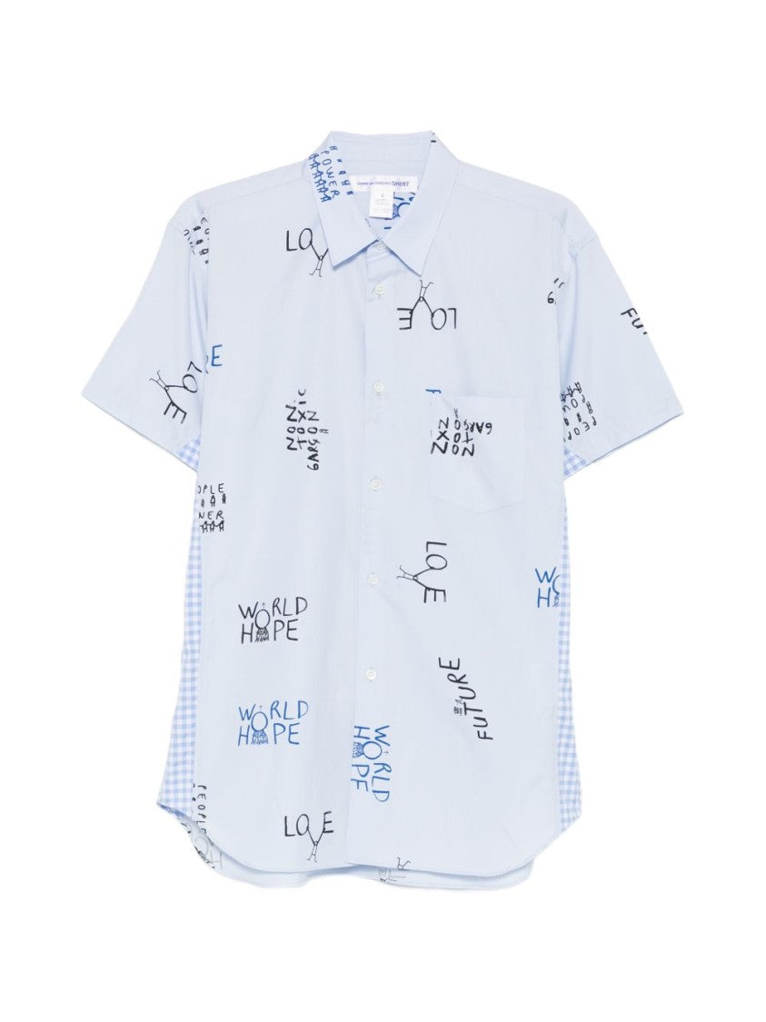 Comme Des Garçons Playful Typography Light Blue Printed Shirt