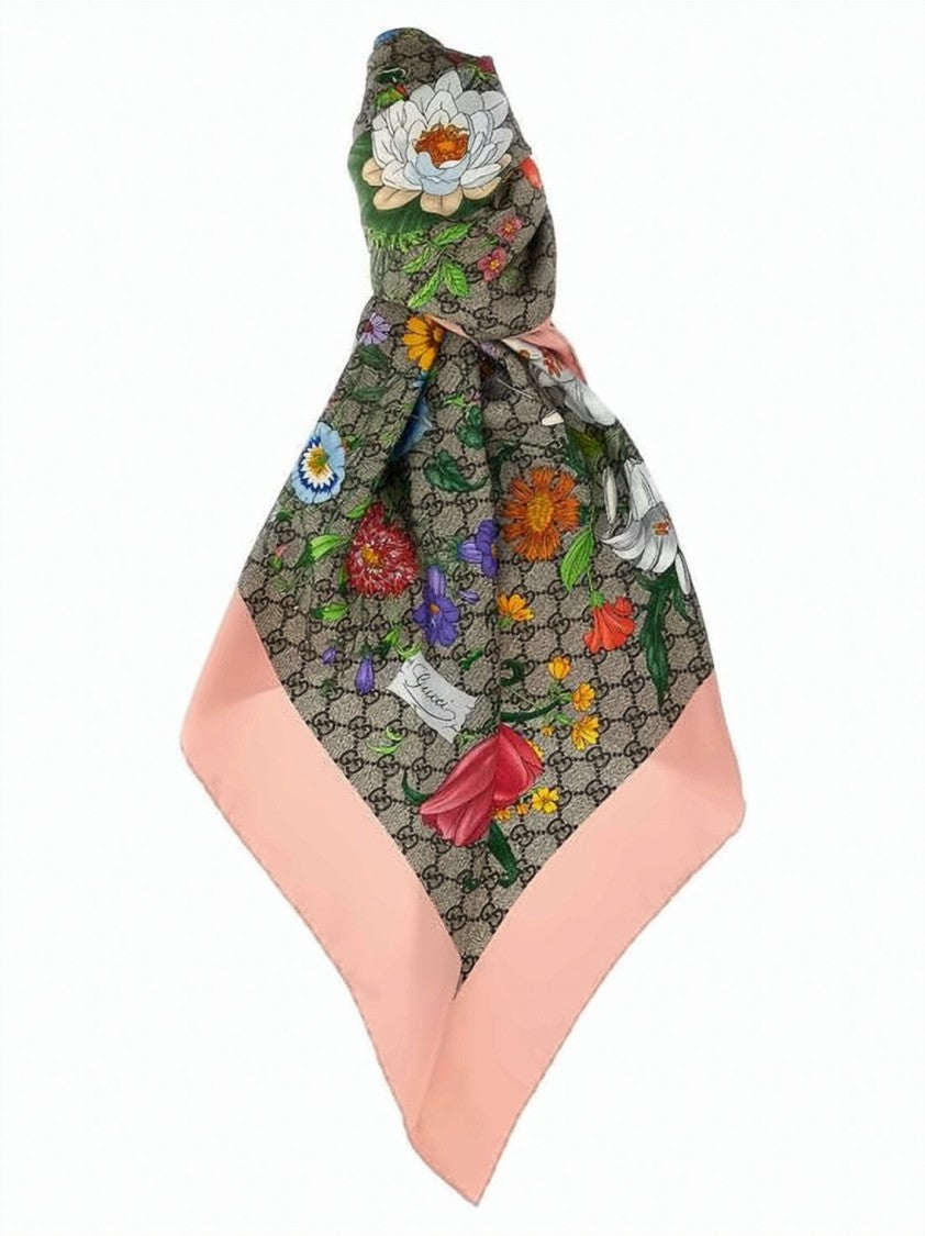 Gucci Monogram Silk Scarf With Floral Print