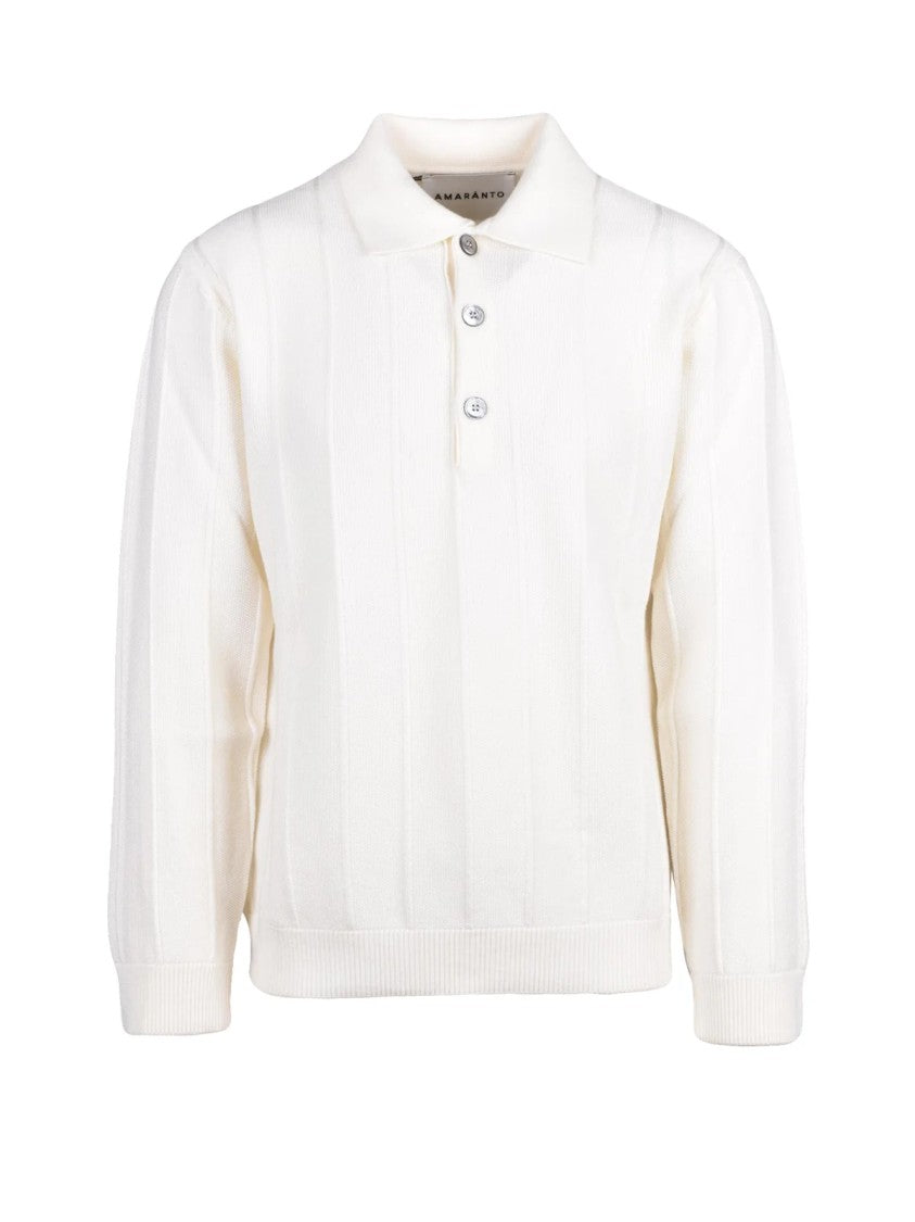 Amaranto White Wool Knit Polo Sweater
