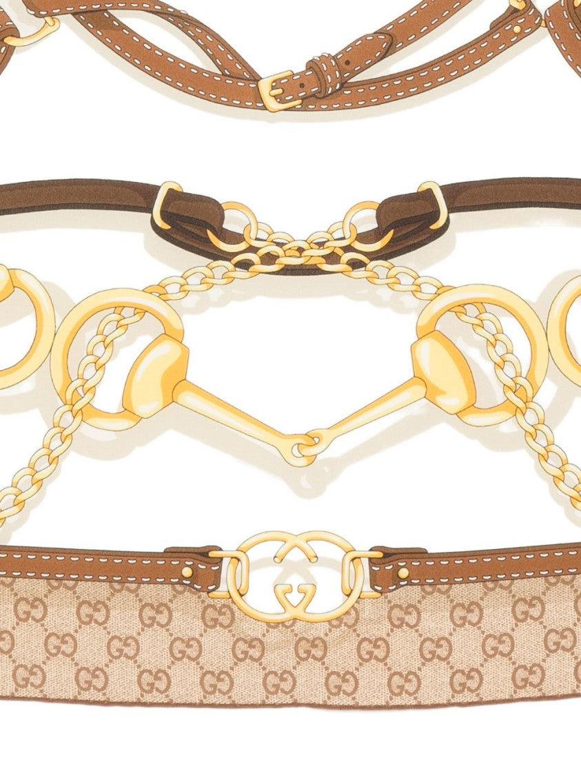 Gucci Equestrian Print Leather Accents Silk Belt