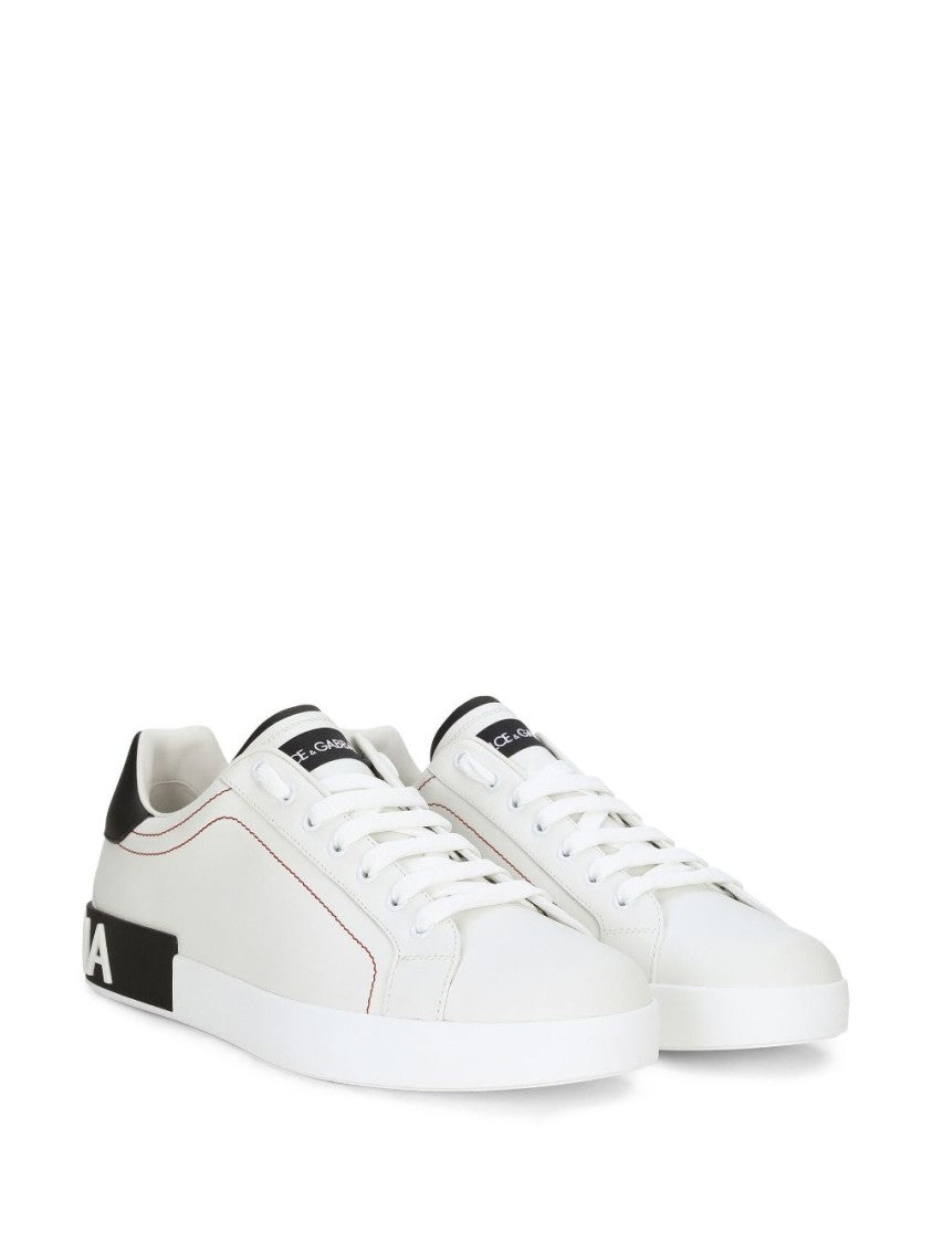 Dolce & Gabbana White Calf Leather Sneakers With Logo Patch And Round Toe