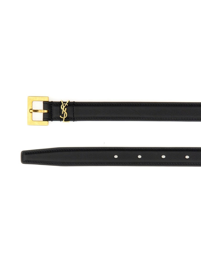 Saint Laurent Slim Black Calfskin Belt With Polished Gold-Tone Buckle