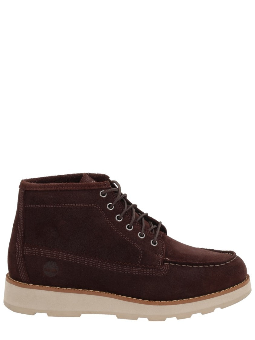 Timberland Brown Suede Boots With Moc Toe Design And Contrasting Sole