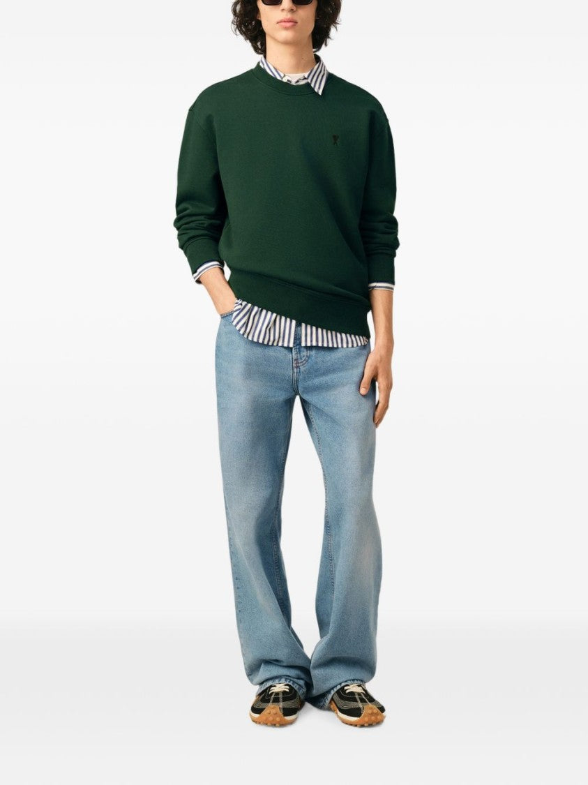 Ami Paris Deep Green Sweater With Classic Crew Neckline