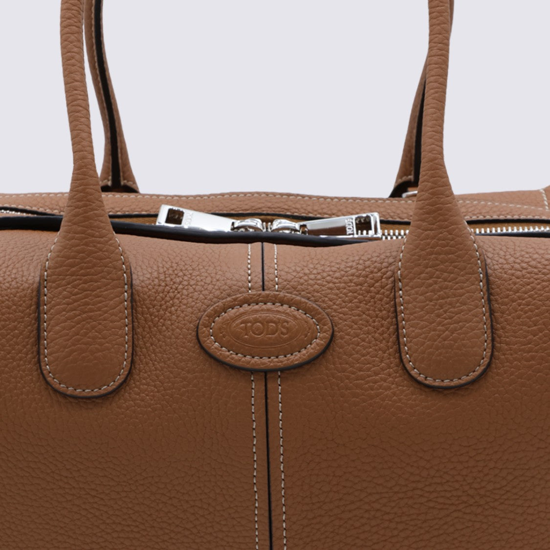 Tod's Top Handle Logo Emblem Shoulder Bag Zip Closure Leather - Brown
