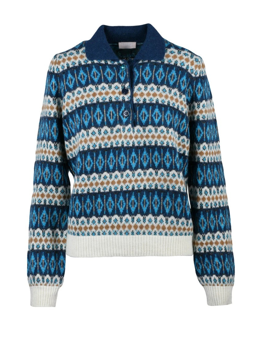 Liu Jo Patterned Knit Polo In Light Blue Alpaca Blend
