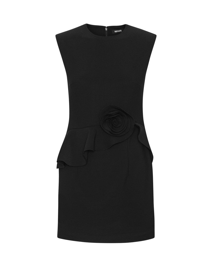 Rotate Sculptural Mini Dress With Ruffle Detail And Rose Embellishment