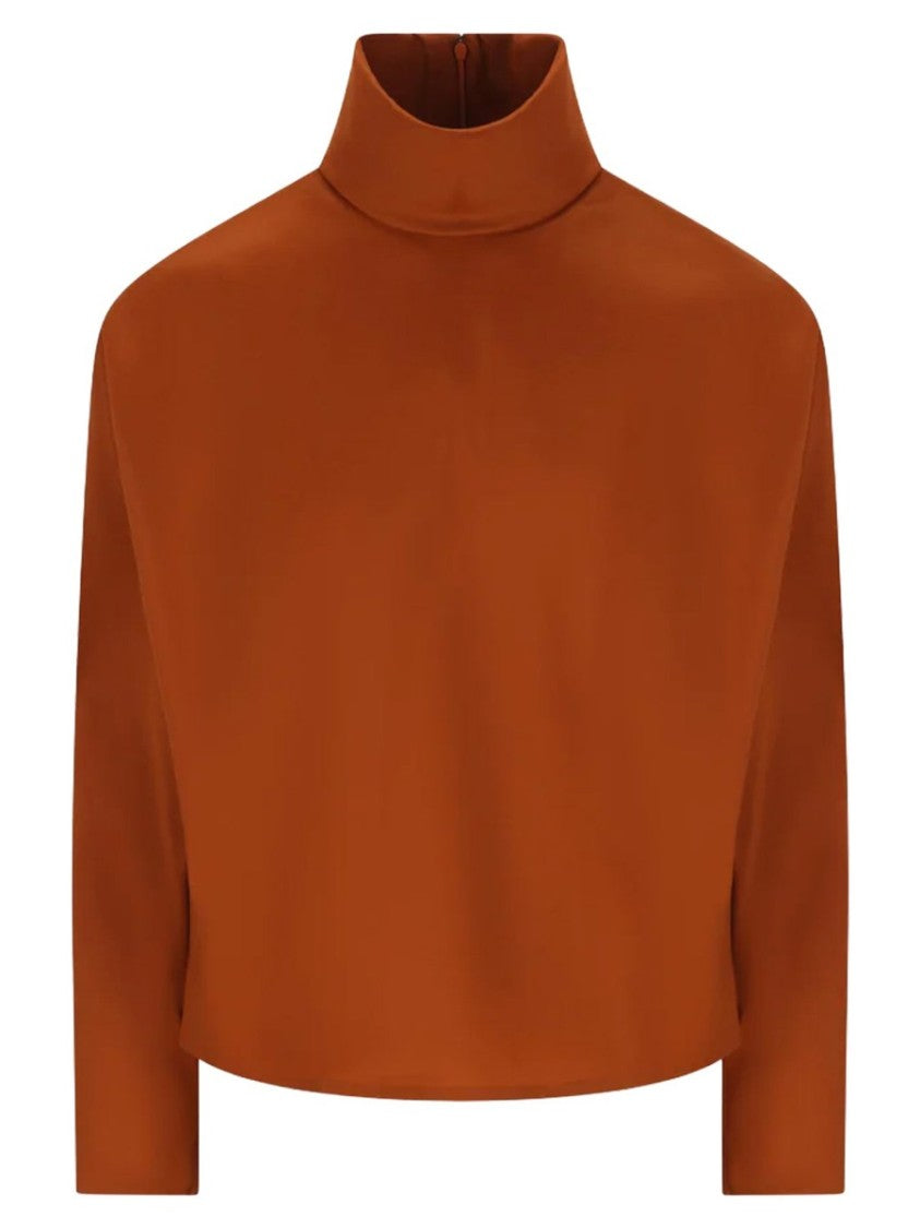 Saint Laurent High-Neck Silk Cropped Long-Sleeved Top