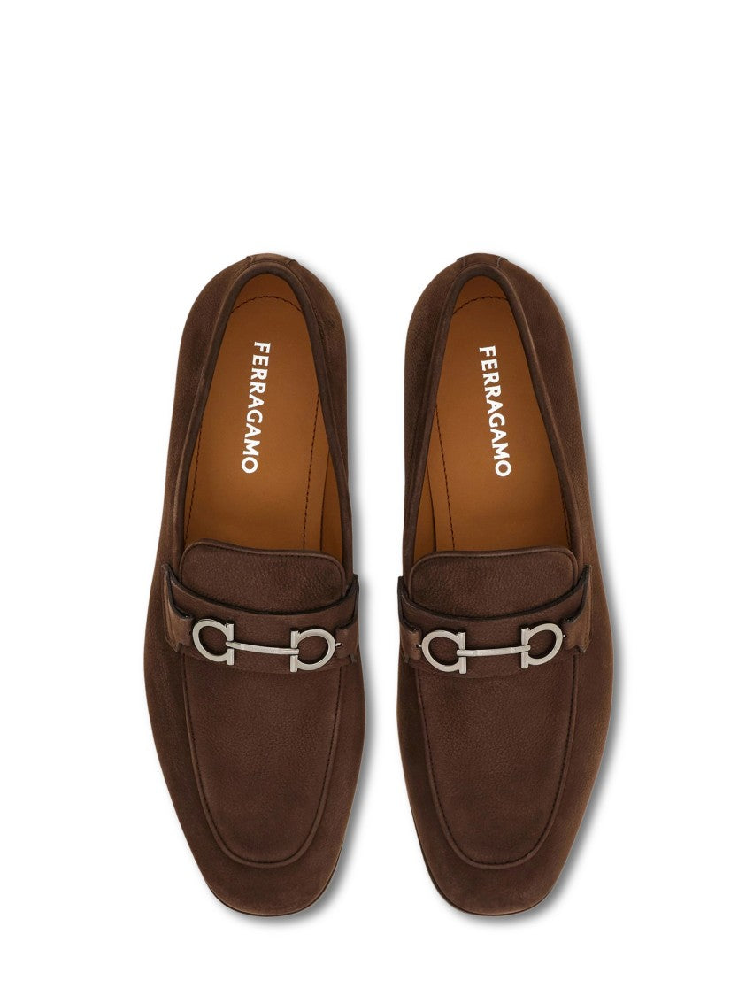 Ferragamo Elongated Brown Suede Shoes With Silver-Toned Detail