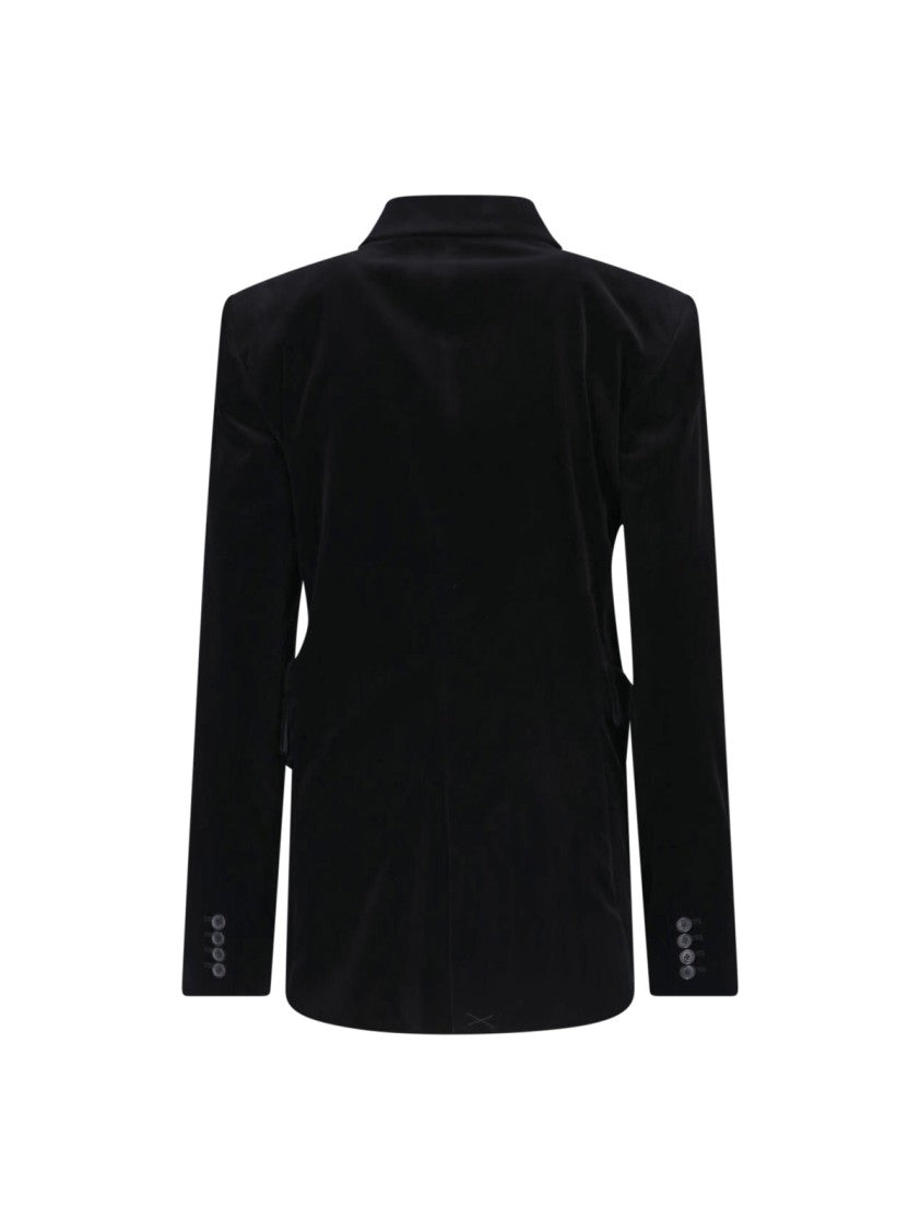 Khaite Double-Breasted Black Velvet Rolo Jacket With Draped Waist