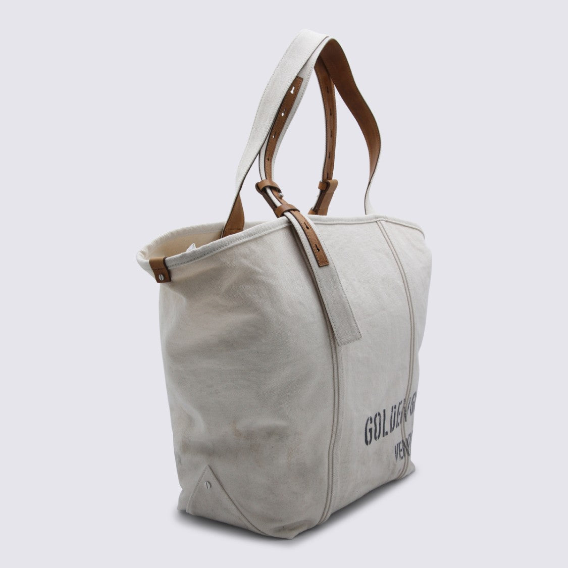 Golden Goose Beige Canvas Tote Bag With Leather Straps