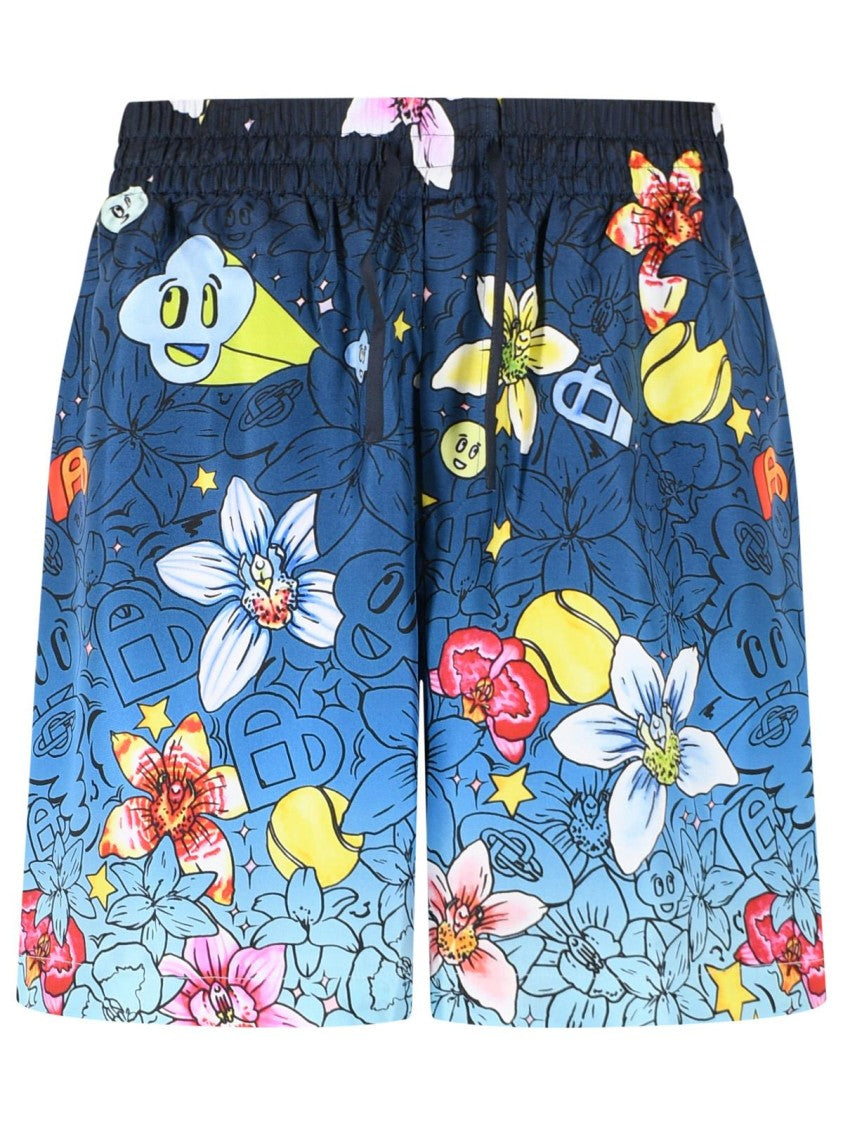 Casablanca Collage D'icones' Blue Silk Shorts