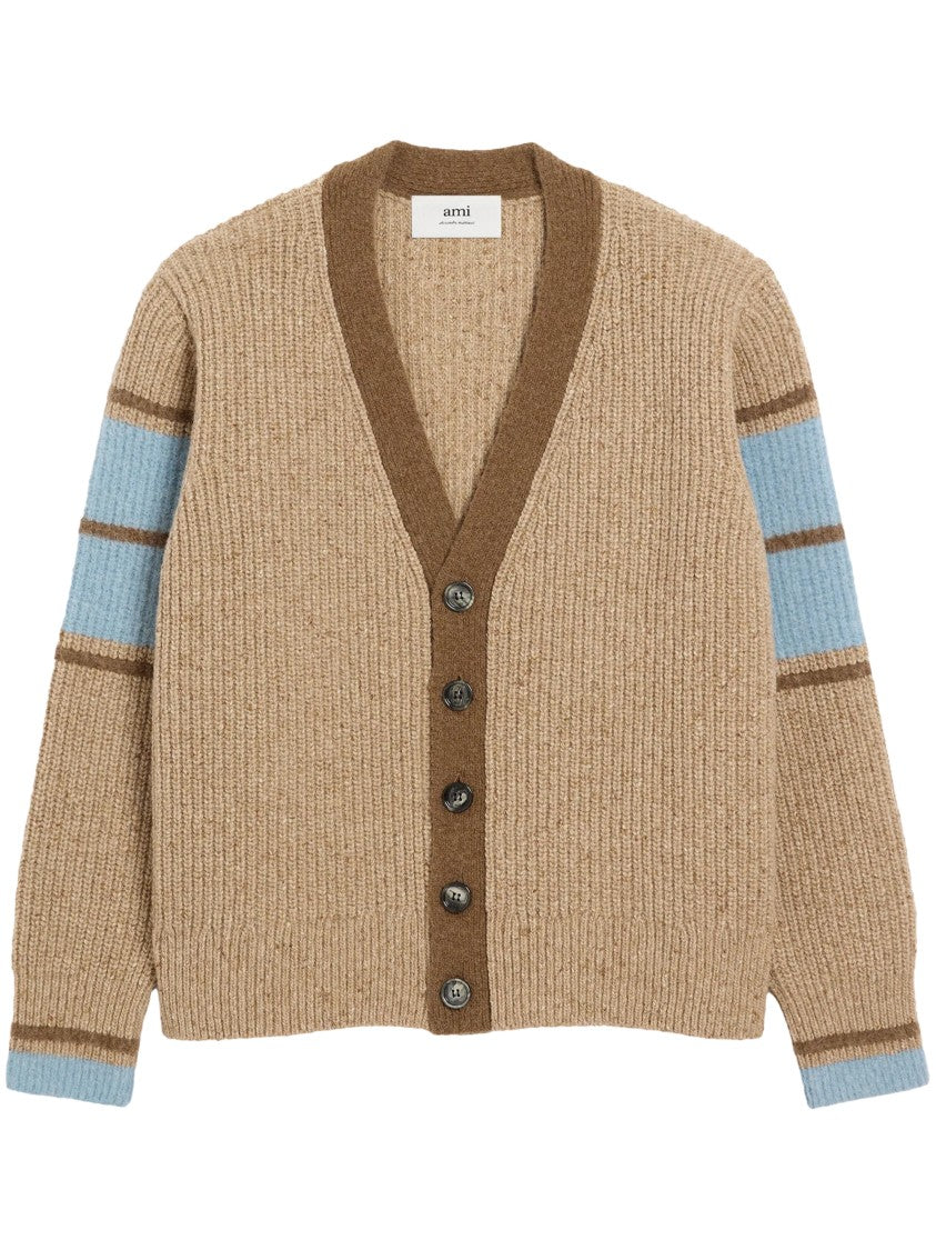 Ami Classic College-Style Wool Sweater In Rich Brown