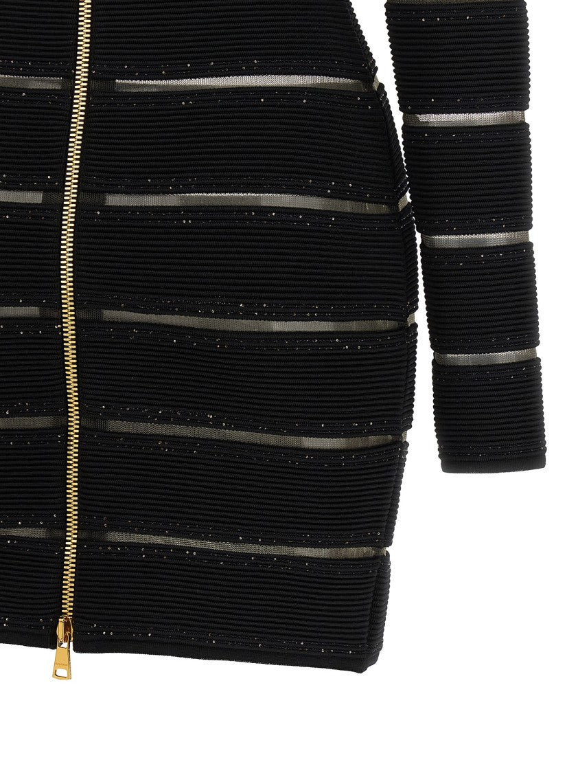 Balmain Fitted Black Mini Dress With Mesh Inserts And Sequin Detailing