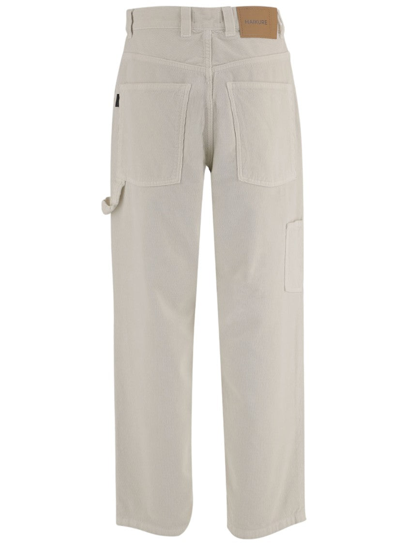 Haikure Ivory Ribbed Cotton Velvet Pants With Multi-Pocket Design