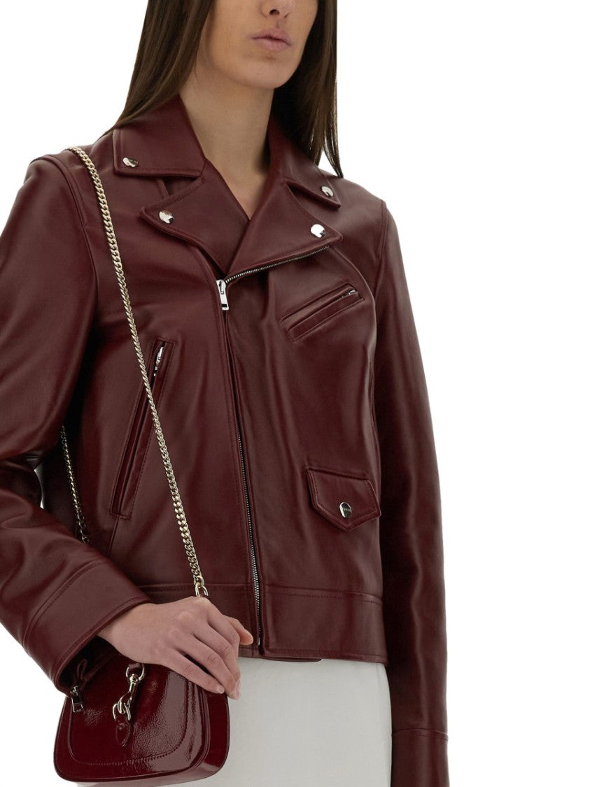 Gucci Classic Burgundy Leather Biker Jacket With Structured Fit