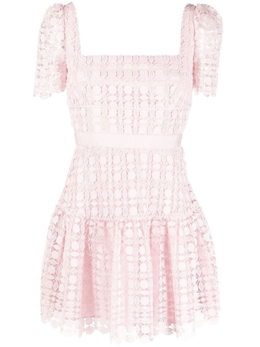 Self-Portrait Floral Lace Mini Dress With Square Neckline And Ruffled Hem
