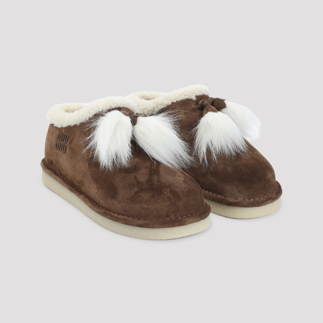 Miu Miu Brown Suede Flats With Shearling Trim