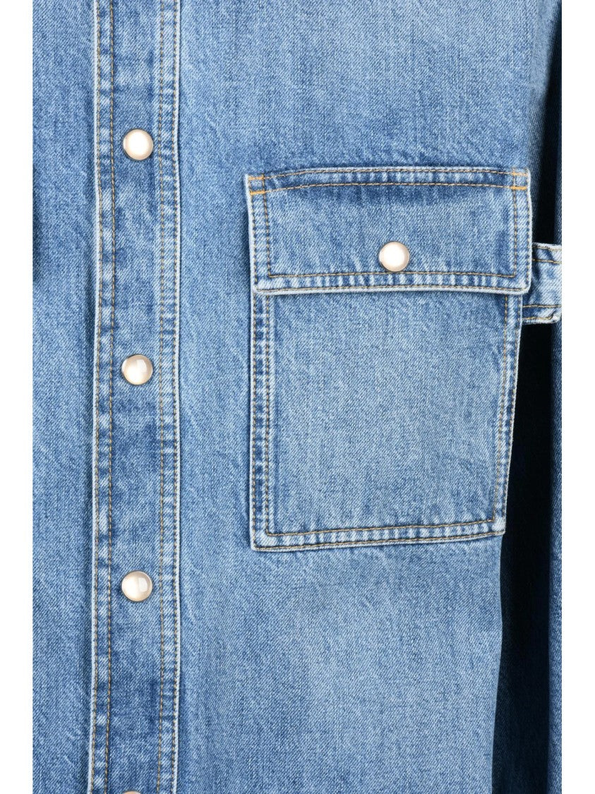Bottega Veneta Light Blue Mandarin Collar Cotton Denim Shirt