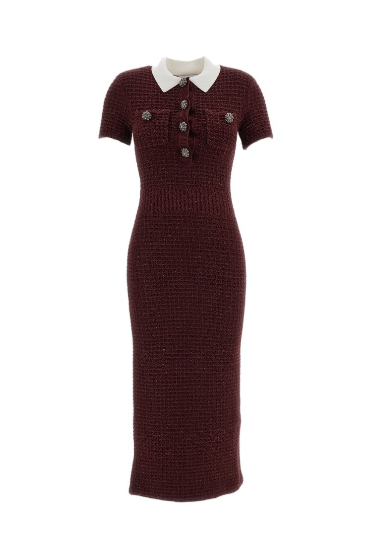 Self-Portrait Burgundy Textured Waffle-Knit Polo Midi Dress