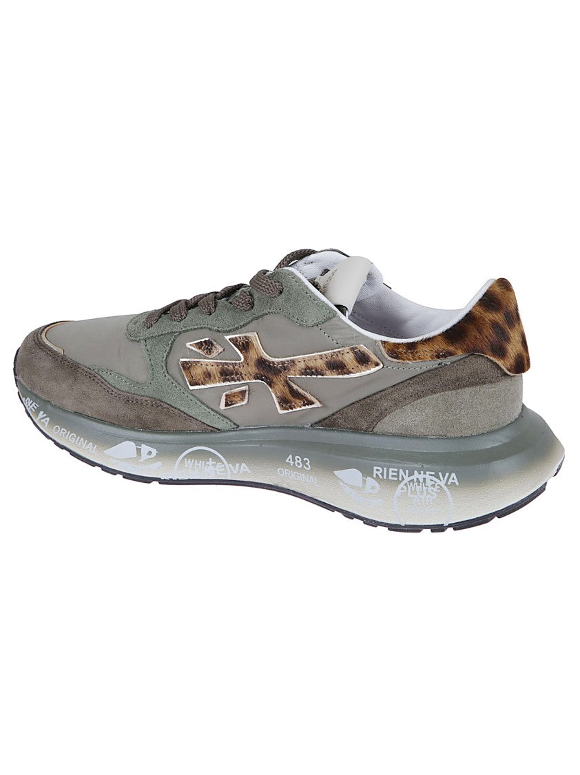 Premiata Green Technical Fabric And Suede Sneakers With Leopard-Print Details