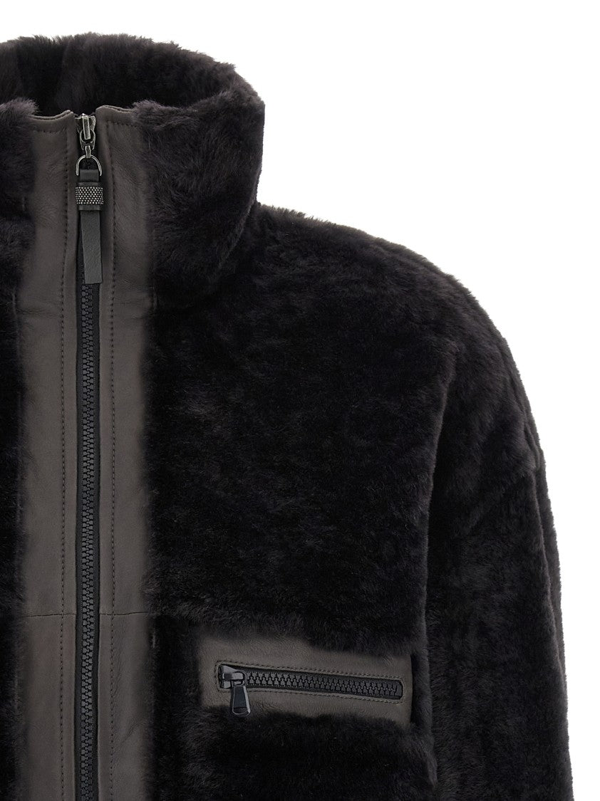 Brunello Cucinelli 'Shiny Zipper Pull' Shearling Jacket