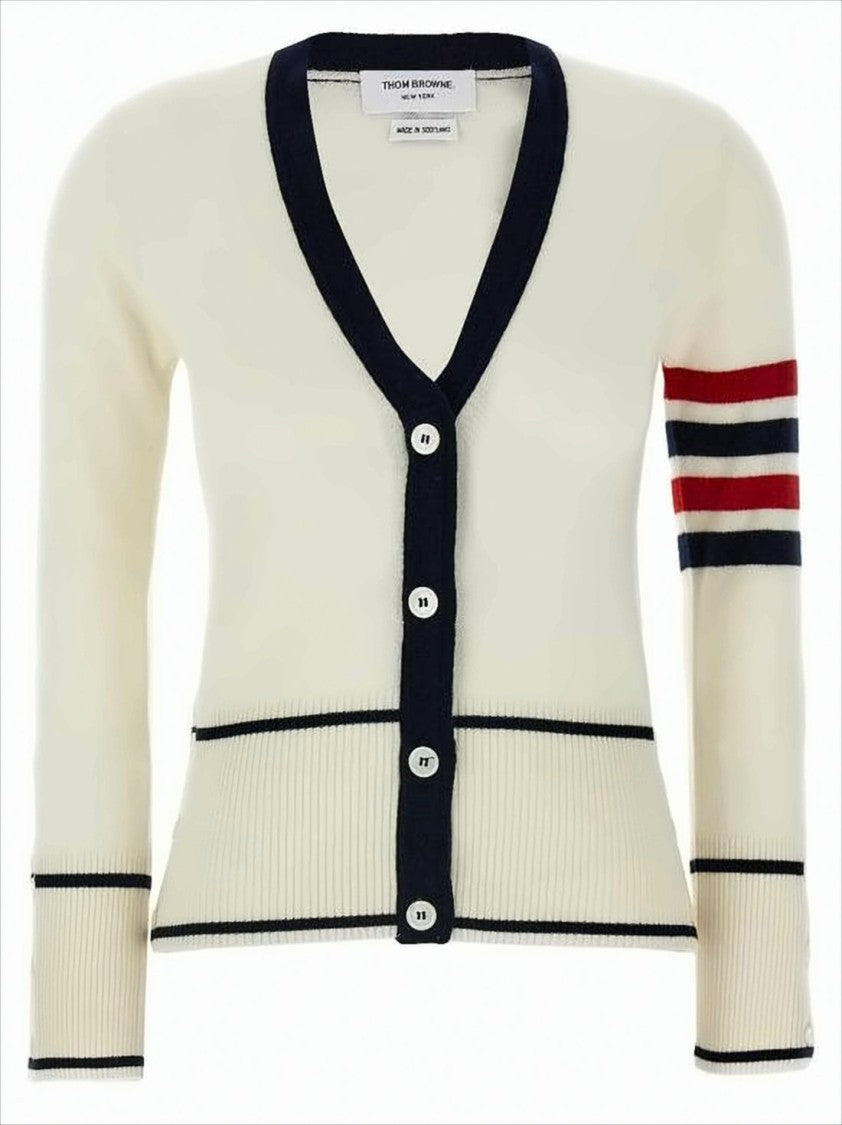 Thom Browne Fitted Cashmere Cardigan With Contrasting Trim And Sporty Stripes