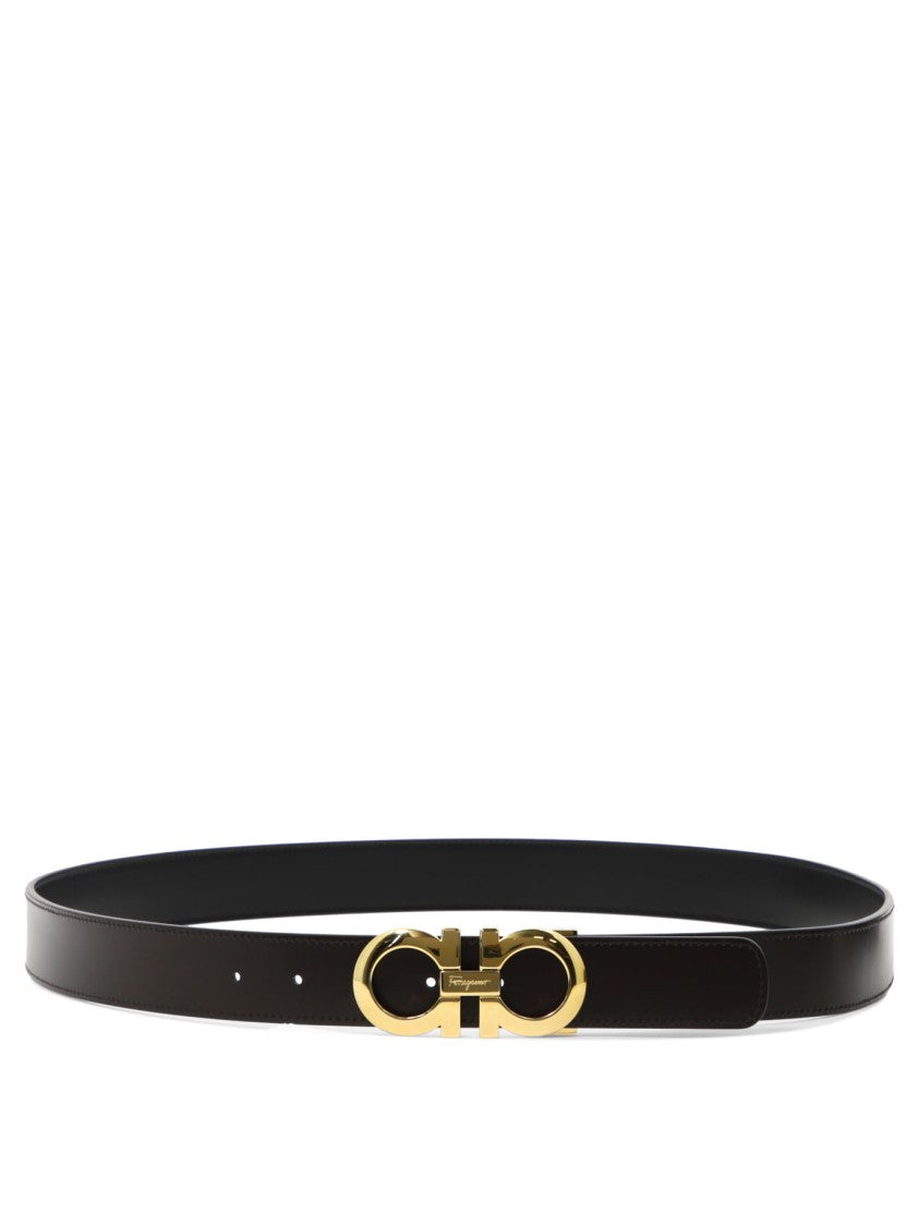 Ferragamo Leather Belt With Polished Brass Interlocking Buckle