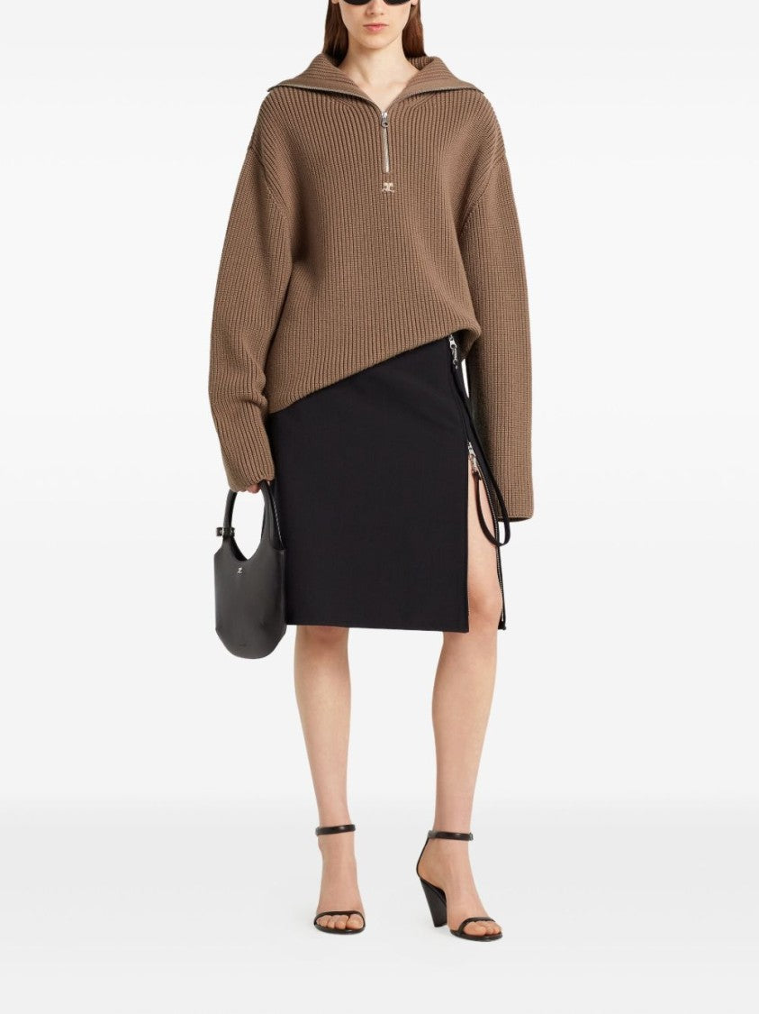 Courrèges Brown Half Zip Funnel Neck Sweater