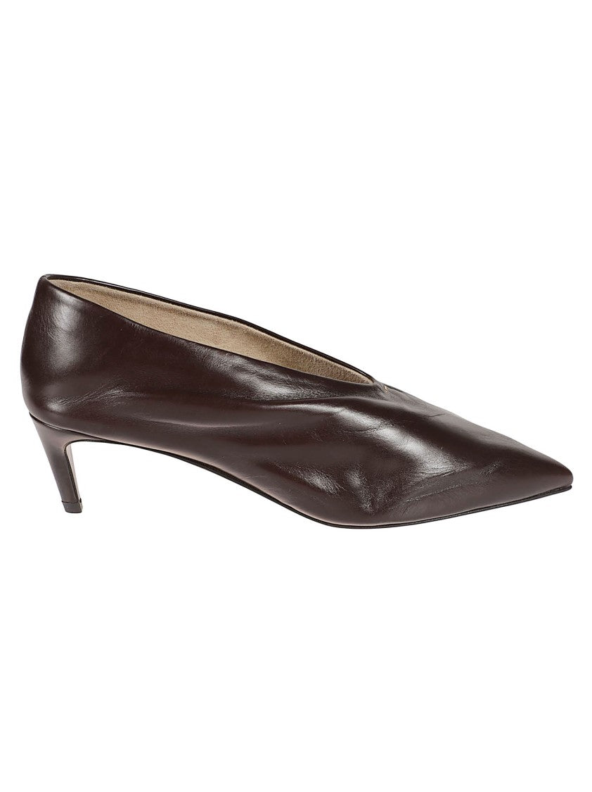 Khaite Pointed-Toe Brown Leather Pump With Low Kitten Heel