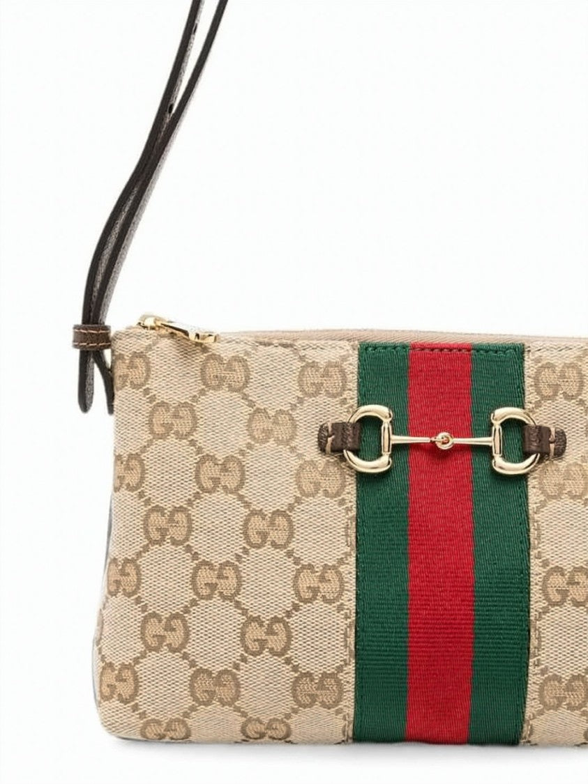 Gucci Rectangular Canvas Crossbody Bag With Monogram Pattern And Horsebit Hardware