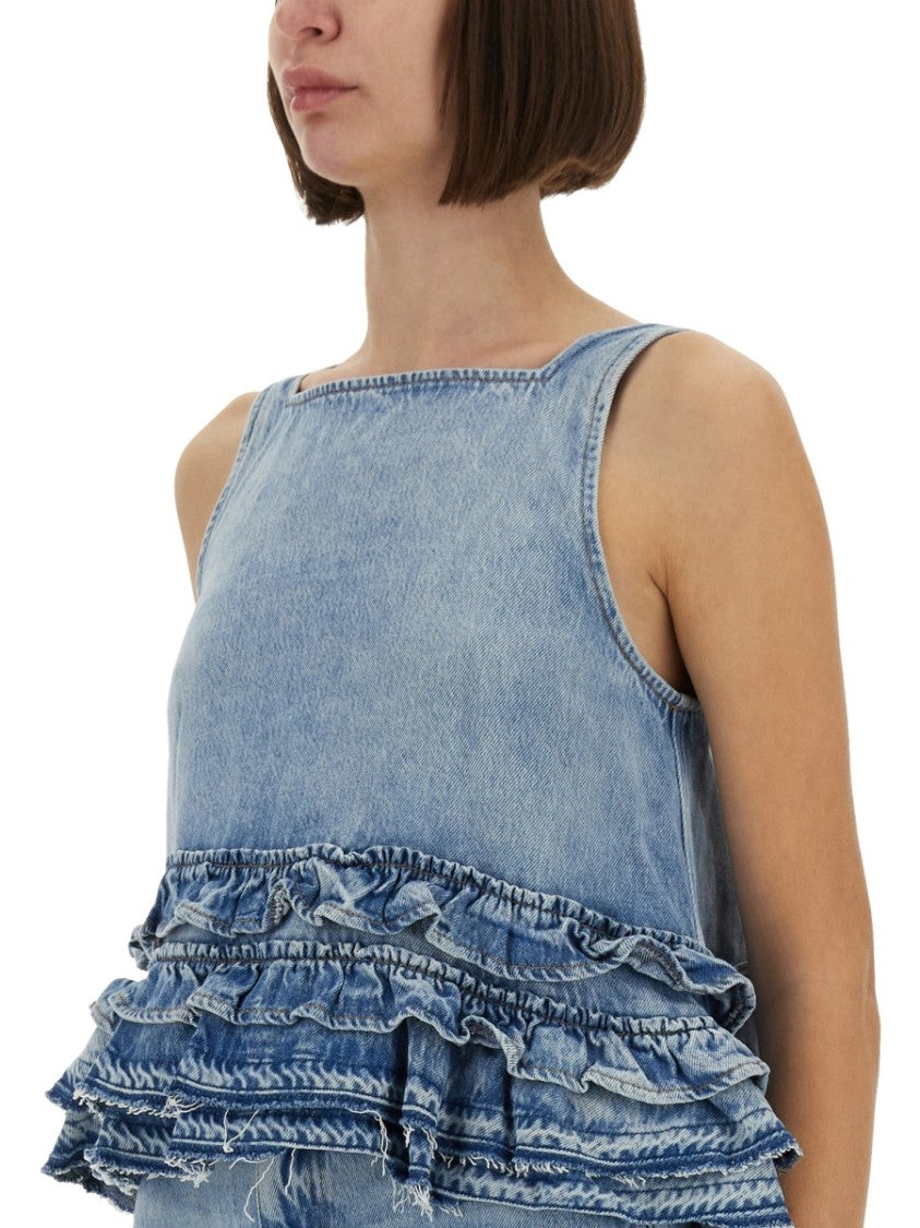 Ganni Denim Ruffle Top