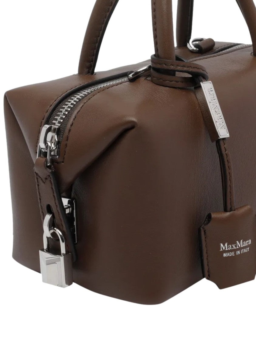 Max Mara Brown Logo Print Leather Tote Bag