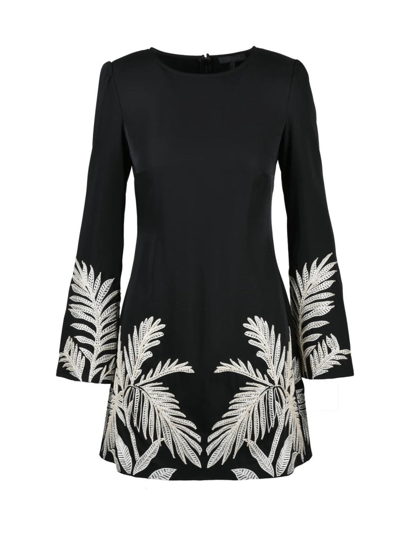 Guess Flared Mini Dress With Textured Leaf Embroidery