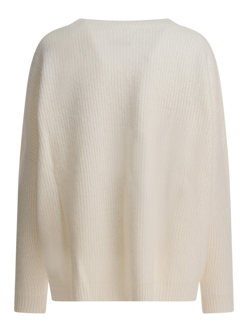 Max&Moi Relaxed White Knit Sweater With Ribbed Texture