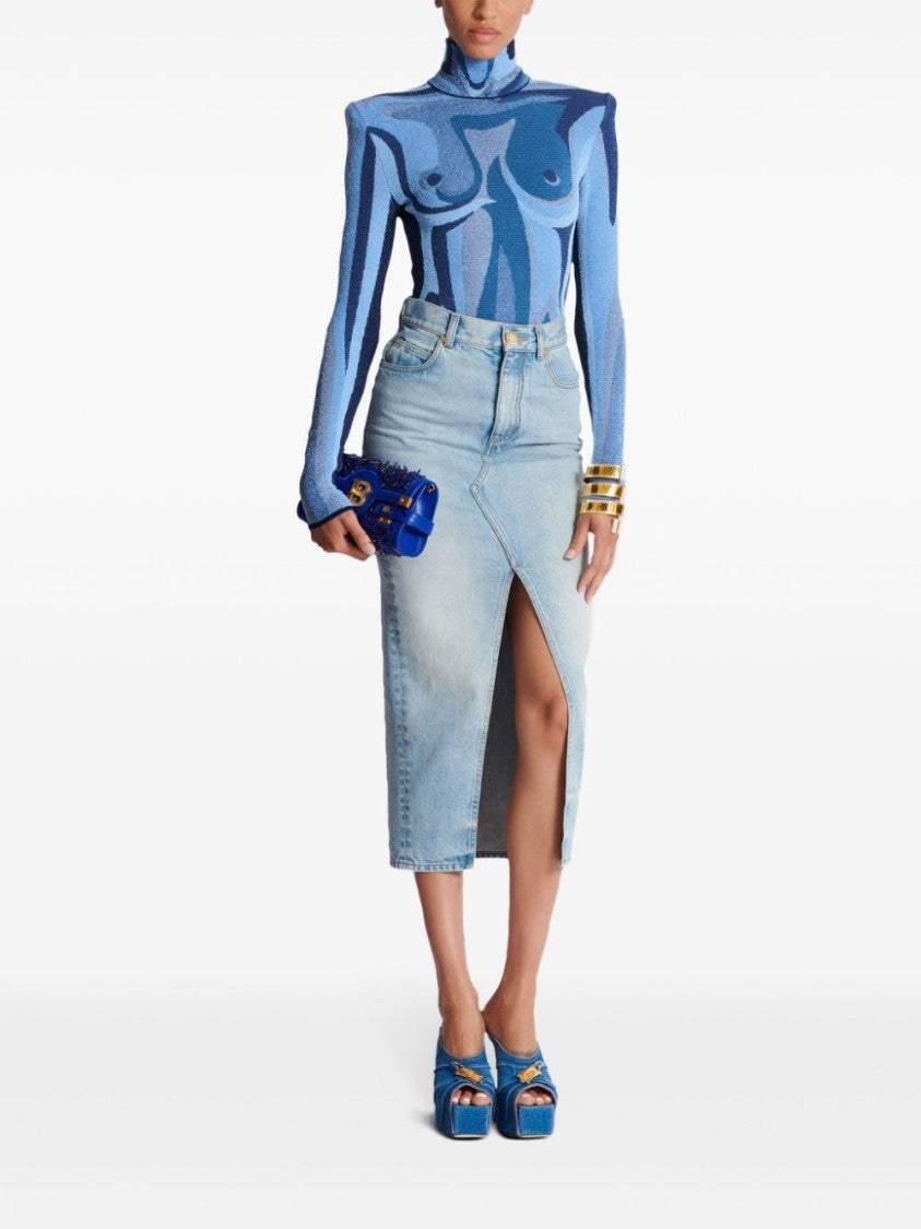 Balmain Washed Denim Midi Skirt