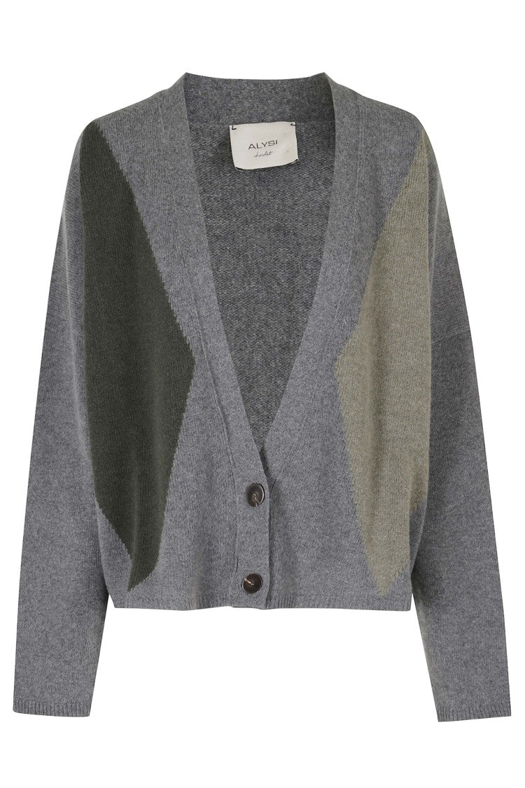 Alysi Gray Fancy Knit Rombi Diamond-Pattern Wool-Blend Cardigan