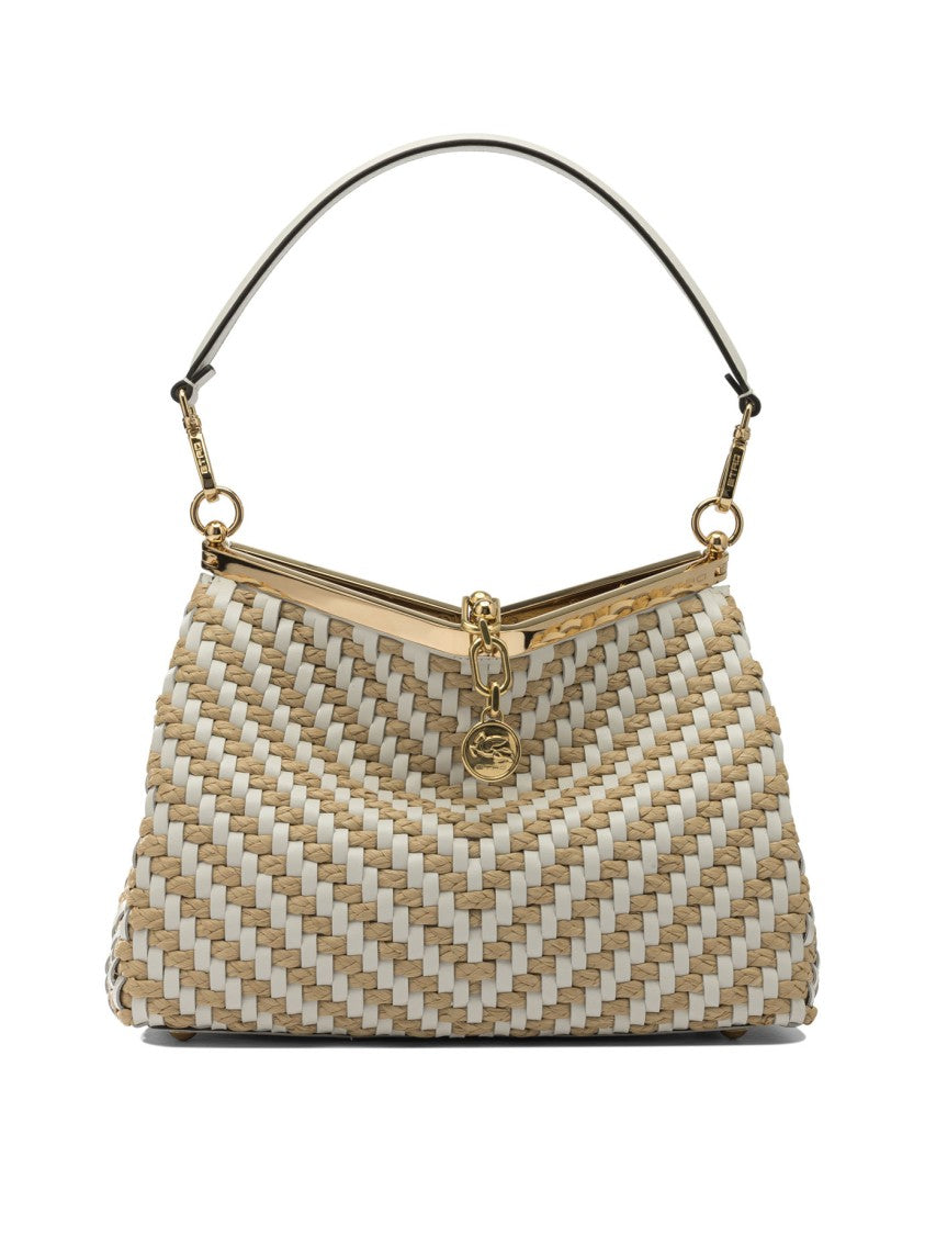 Etro Compact Structured Shoulder Bag With Woven Raffia