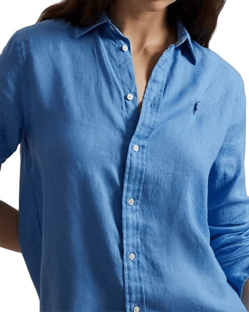 Polo Ralph Lauren Light Blue Linen Shirt With Pearl Buttons And Embroidered Detail